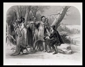 1636年，罗杰·威廉姆斯（Nargergansetts）在“美国的历史”（The History of the United States）中受到了纳拉甘西亚（Narragansetts）的庇护。我，由查尔斯·麦凯（Charles Mackay），詹姆斯·查尔斯军队（James Charles Armytage）刻（1820-97） 作者 AH Wray