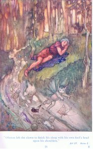 奥伯伦让小丑带着他的傻瓜头完成了他的睡眠（《仲夏夜之梦》），摘自《莎士比亚的故事》，由Ward Lock & Co Ltd出版。