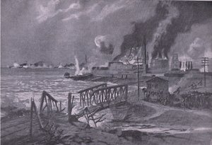 奥匈帝国鱼雷驱逐舰摧毁巴里（意大利）的一个造船厂，出自 The Illustrated History of the World War 1914-1915 酒吧。 by Union Berlagsefellfchaft 作者 基尔（A. Kircher）
