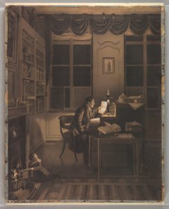 素描，室内，一名男子在书桌前阅读，1827 年 作者 勒罗伊