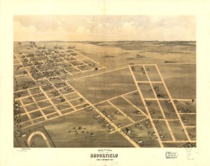 密苏里州林恩县布鲁克菲尔德的鸟瞰图，1869 年。LOC 73693470
