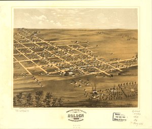 密苏里州约翰逊县霍尔登市鸟瞰图，1869 年。LOC 73693477