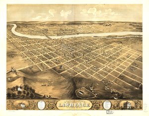 堪萨斯州劳伦斯市鸟瞰图，1869 年。LOC 73693409