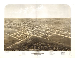 密苏里州约翰逊郡沃伦斯堡市鸟瞰图，1869 年。LOC 73693492 作者 A.鲁格