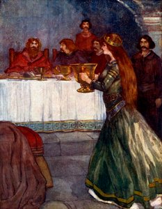 罗维娜（Rowena）带着一个漂亮的金色杯子走进房间，时间大约是公元430年，1905年 作者 福雷斯特
