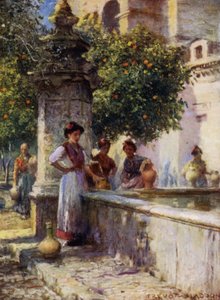 Cordova，Patio de los Naranjos 喷泉（彩色石版画） 作者 特雷弗·哈登
