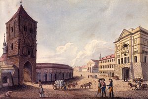 粉塔和Hybern Customs House，布拉格，1810号（彩色蚀刻）