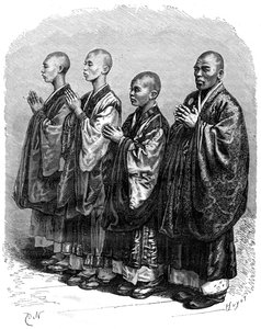 佛教徒在祈祷中，日本，十九世纪。