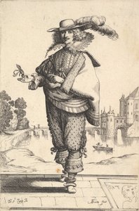 一位绅士站在一座大城堡前，戴着一顶羽毛帽子和蕾丝领子，...，1629年。 作者 亚伯拉罕·博斯（Abraham Bosse）