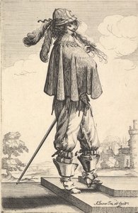 1629年，一位穿着短外套，头盔和马刺靴的绅士站在台阶上。 作者 亚伯拉罕·博斯（Abraham Bosse）