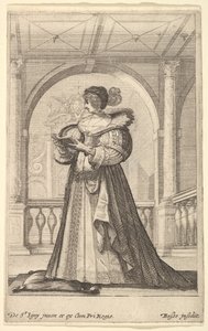 女人站着，面对左脸，戴着帽子和蕾丝领子，读着……，约。 1629。 作者 亚伯拉罕·博斯（Abraham Bosse）