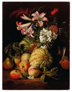 玻璃花瓶中的百合和其他鲜花与桃子和甜瓜 作者 亚伯拉罕·布鲁格