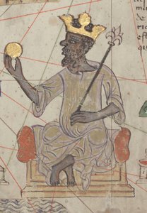 加泰罗尼亚地图集的详细资料，第6页，显示曼萨·穆萨（Mansa Musa）登基，1375年
