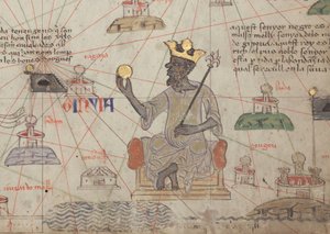 加泰罗尼亚地图集的详细资料，第6页，显示曼萨·穆萨（Mansa Musa）登基，1375年