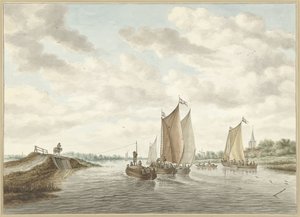有几艘驳船的河流景观 作者 所罗门·范·鲁伊斯黛尔（Salomon van Ruysdael）