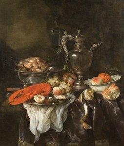 有龙虾、水果、银器和瓷器的静物，约1660年（布面油画