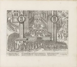 1603-1604年詹姆斯一世加冕时威斯敏斯特教堂的外景。 作者 亚伯拉罕·霍根伯格