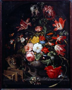 Cat knocking down a flower vase. Painting by Abraham Mignon (1640-1679) ec. all