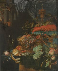 有水果和金翅雀的静物画 作者 亚伯拉罕·米尼翁（Abraham Mignon）