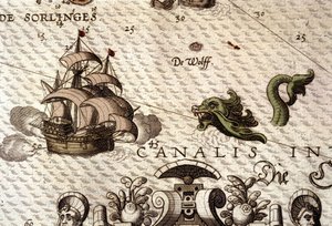 攻击大帆船（caravel）的海洋怪物。 亚伯拉罕·奥特柳斯 (Abraham Ortelius) 于 1584 年在安特卫普创作的“Theatrum Orbis Terrarum”中的地图细节。 作者 Abraham Ortelius