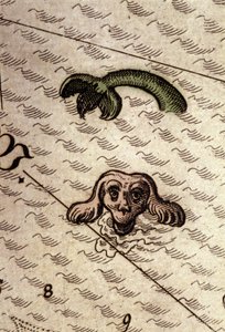 海怪有狗的头和鱼的身体。 亚伯拉罕·奥特柳斯 (Abraham Ortelius) 于 1584 年在安特卫普创作的“Theatrum Orbis Terrarum”中的地图细节。 作者 Abraham Ortelius
