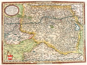 Austria Ducatus Chorographia Wolfgango Lazio Auctore Geography map of the territory of Austria with the Danube River and the city of Vienna from “Theatrum Orbis Terrarum” by Abraham Ortelius (Oertel, Ortell or Ortel 作者 亚伯拉罕·奥特里乌斯（Abraham Ortelius）