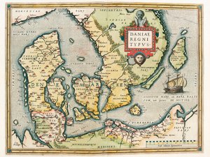Daniae regni Typus 丹麦和瑞典南部领土的地理地图，来自亚伯拉罕·奥特留斯（Abraham Ortelius）的“Theatrum Orbis Terrarum”（奥特尔、奥特尔或奥特尔 作者 Abraham Ortelius