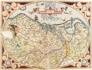 描述 德国 荷兰领土的下地理地图来自 Gerard Mercator（Oertel、Ortello 或 Ortel）的日耳曼“地图集” 作者 亚伯拉罕·奥特里乌斯（Abraham Ortelius）
