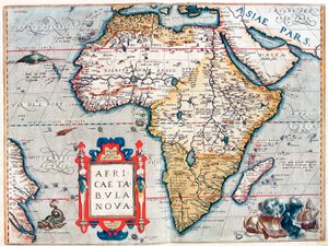 非洲大陆的描述。 亚伯拉罕·奥特柳斯（Abraham Ortelius，1527-1598）的“Theatrum Orbis Terrarum”地理地图 作者 Abraham Ortelius