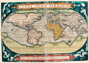 地球地图（世界地图） 来自亚伯拉罕·奥尔特留斯 (1527-1598) 的“Theatrum Orbis Terrarum”的地理地图 作者 Abraham Ortelius