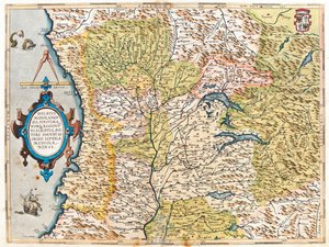法国（大区： 、弗朗什-孔泰、罗纳-阿尔卑斯、普罗旺斯-阿尔卑斯-蓝色海岸）、瑞士南部、意大利（大区：利古里亚、皮埃蒙特、奥斯塔河谷、伦巴第、特伦蒂诺-阿尔托阿迪杰西部、艾米利亚-罗马涅西部、托斯卡纳西北部利古里亚、皮埃蒙特、奥斯塔河谷、伦巴第、特伦蒂诺-上阿迪杰西部、艾米利亚-罗马涅西部、托斯卡纳西北部） 作者 亚伯拉罕·奥特里乌斯（Abraham Ortelius）