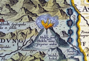 冰岛赫克拉火山。 亚伯拉罕·奥特柳斯地图集，阿姆斯特丹，1588 年。 作者 Abraham Ortelius