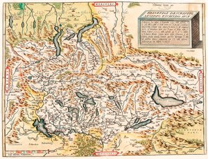 Helvetiae Descriptio Aegidio Tschudo Auct.瑞士和法国阿尔卑斯山地理图，包括湖泊，出自亚伯拉罕-奥特留斯的 "Theatrum Orbis Terrarum"（Oertel, Ortell或Ortel）。 作者 Abraham Ortelius