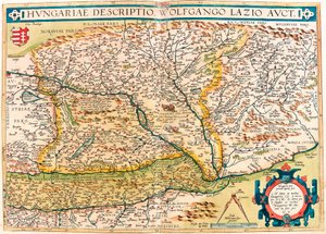 匈牙利语描述，Wolfgango Lazio 拍卖。 从“Theatrum Orbis Terrarum”中的匈牙利领土地理地图，亚伯拉罕·奥尔特留斯（Oertel、Ortell 或 Ortel 作者 Abraham Ortelius