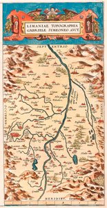 Limaniae 地形图 Gabriele Symeoneo Avct 卢瓦尔河边的城堡和城镇（博蒙特、艾格佩斯、克莱蒙和蒙特费朗（蒙费朗）、博雷加德、Cignac、蒙泰古、纪尧姆...）的地理地图，取自“Theatru 作者 亚伯拉罕·奥特里乌斯（Abraham Ortelius）
