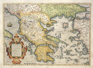 希腊地图，摘自亚伯拉罕-奥特留斯的《地球地图》（Theatrum Orbis Terrarum）。 作者 Abraham Ortelius