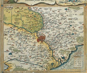 拉齐奥地区的地图，出自亚伯拉罕-奥特留斯的《奥比斯地球地图》。 作者 Abraham Ortelius