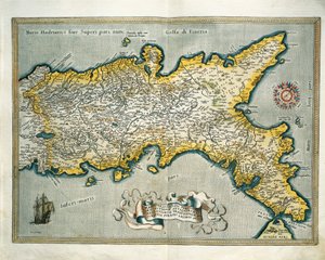 意大利那不勒斯王国地图，出自亚伯拉罕-奥特留斯的《奥比斯地球地图》。 作者 Abraham Ortelius