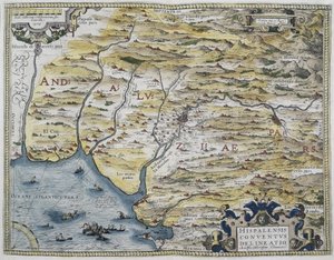 ORTELIUS, Abraham (1527-1598).Theatrum Orbis Terrarum.1570.它被认为是第一部现代地图集。CHAVES, Jeronimo de（1523-1574 年）。数学家、天文学家和航海家。西安达卢西亚地图。根据 Hieronimus Chiaves（杰罗尼莫-德-查维斯）的地图绘制。 作者 亚伯拉罕·奥特里乌斯（Abraham Ortelius）