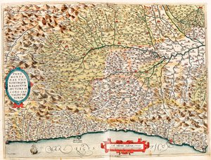 Vicinorumque Piedmont 地区 Auctore Castaldo 描述。 意大利领土从摩纳哥到法国的地理地图，从杰拉德·墨卡托 (Gerard Mercator) 的《阿特拉斯》(Atlas) 中，从萨沃纳 (Savona) 和热那亚 (Genoa) 穿过帝国各省的基因 ( 作者 亚伯拉罕·奥特里乌斯（Abraham Ortelius）
