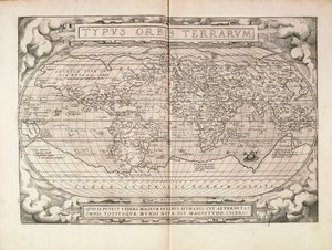 安特卫普印刷的亚伯拉罕-奥特留斯的《奥比斯地球仪》中的平面图。 作者 Abraham Ortelius