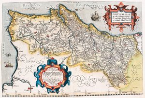 来自“Theatrum Orbis Terrarum”的葡萄牙领土的葡萄牙地理地图，由亚伯拉罕·奥尔特留斯（Oertel、Ortell 或 Ortel 作者 Abraham Ortelius