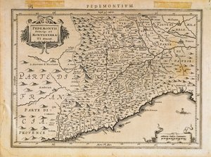 皮埃蒙特公国、蒙费拉托公国、西利古里亚和东利古里亚地区的一部分，摘自亚伯拉罕-奥特留斯的《奥比斯地图》。 作者 Abraham Ortelius