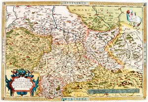 Saxony, Misniae, Thuringia, New Accurssimaque 描述 德国图林根州萨克森州领土的地理地图来自 Gerard Mercator (Oertel, Ortello 或 Ortel) 作者 亚伯拉罕·奥特里乌斯（Abraham Ortelius）