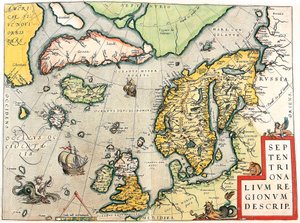 北和描述。 Gerard Mercator (Oertel、Ortello 或 Ortel) 的《阿特拉斯》中的斯堪的纳维亚和北欧地理地图 作者 亚伯拉罕·奥特里乌斯（Abraham Ortelius）