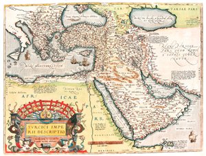Turcici imperii descriptio 奥斯曼帝国领土的地理地图，取自亚伯拉罕·奥尔特留斯（Oertel、Ortell 或 Ortel）的“Theatrum Orbis Terrarum” 作者 Abraham Ortelius