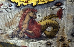 海洋怪物 mi 马 mi 海蛇的代表。 制图师亚伯拉罕·奥特柳斯 (1527-1598) 所著的“Theatrum Orbis Terrarum”版图 作者 Abraham Ortelius