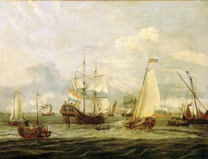 俄罗斯沙皇彼得大帝（1672-1725 年）在阿姆斯特丹（荷兰）视察船只。亚伯拉罕-斯托克（1635-1710 年）的布面油画。 作者 亚伯拉罕·斯托克