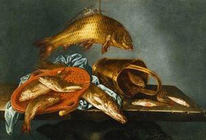 梭子鱼，鲤鱼，T鱼和蟑螂，筛子和黄铜铲斗，1661年 作者 亚伯拉罕·苏塞尼尔