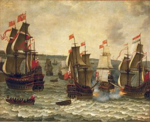 荷兰和英国船只之间的海战，1652-1654 年第一次英荷战争（英荷战争）的插曲。Abraham Willaerts（1603-1669 年）创作的木板油画。
